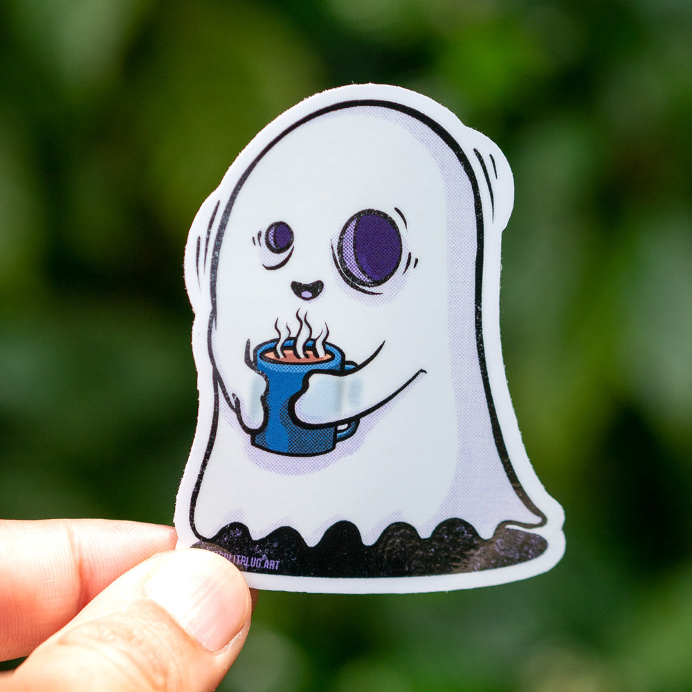 Joe the coffee ghost sticker. A caffeinated ghost ready for the day.