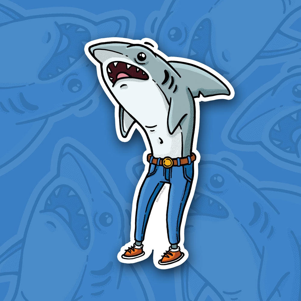 A sticker of a shark who is shocked that they are wearing skinny jeans