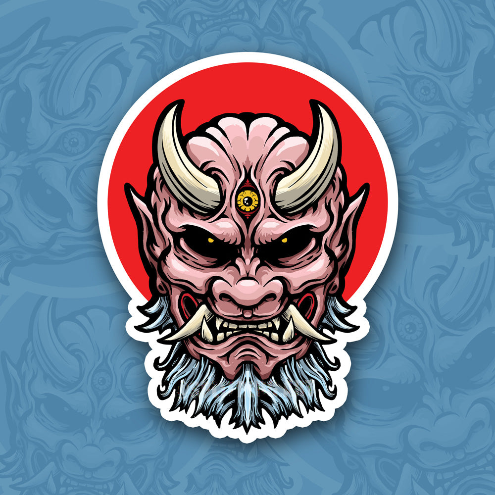 A japanese Oni Demon Yokai sticker, in front of the rising sun flag of Japan.