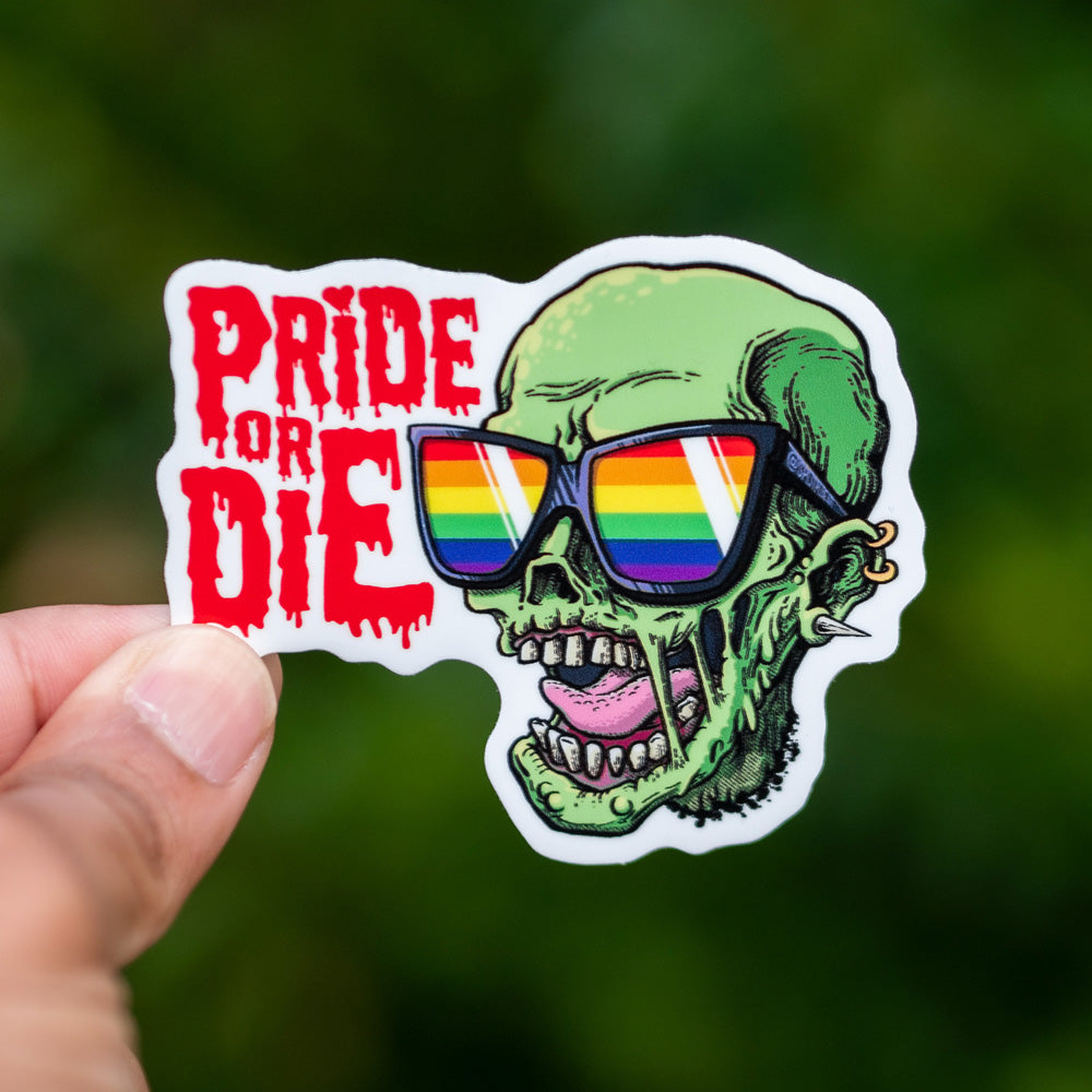 LGBT Pride or Die Sticker, featuring a zombie wearing pride flag sunglasses